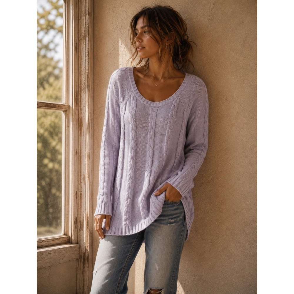Soft Surroundings Lavender Purple 100% Cotton Cable Knit Scoop Neck Sweater XL